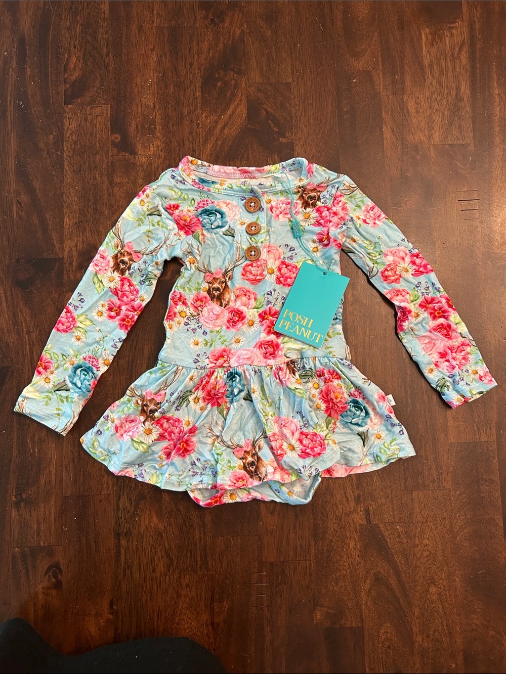 Posh Peanut Pastel Blue Floral & Deer Ruffle Dress 6-12 months